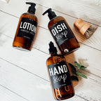 16oz Amber Glass Boston Round Soap Refill Bottle Black Label Set BandsCo Straps