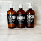 16oz Amber Glass Boston Round Soap Refill Bottle Black Label Set BandsCo Straps
