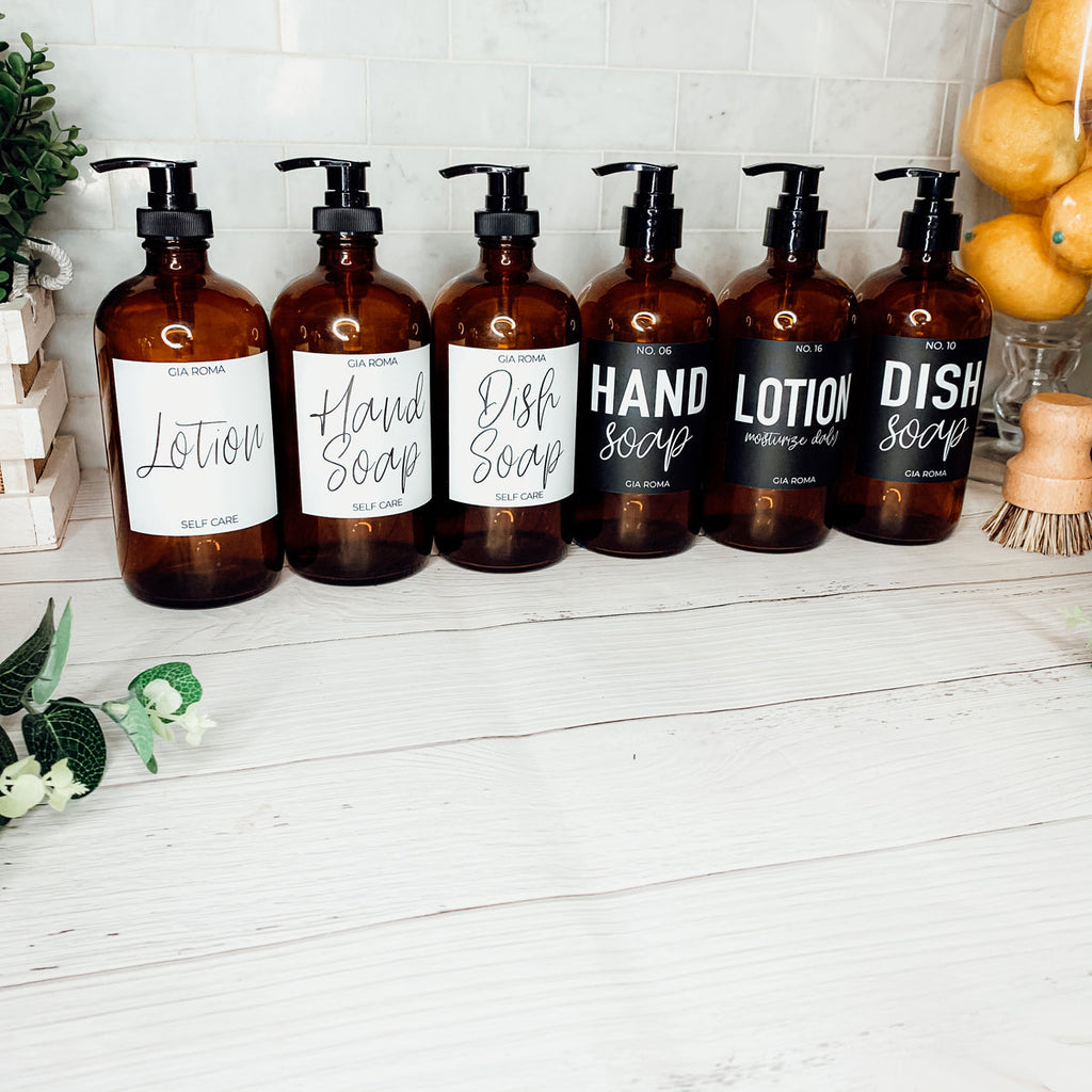 16oz Amber Glass Boston Round Soap Refill Bottle Black Label Set BandsCo Straps