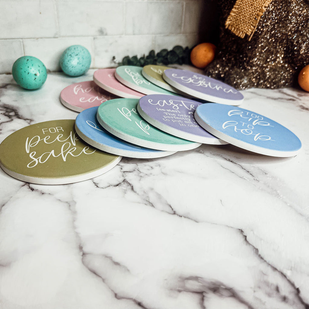 Easter Spring Ceramic Coaster Set 4 Inch Absorbent Drink Coasters Table Protectors Pack BandsCo Straps