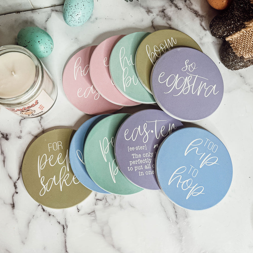 Easter Spring Ceramic Coasters 4in Set Cute Floral Bunny Drink Table Coasters