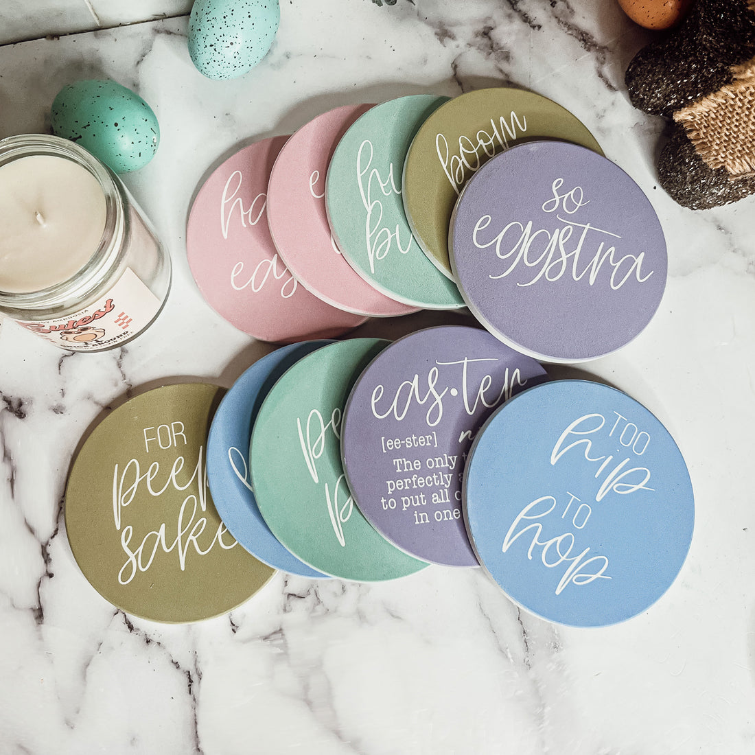 Easter Spring Ceramic Coaster Set 4 Inch Absorbent Drink Coasters Table Protectors Pack BandsCo Straps