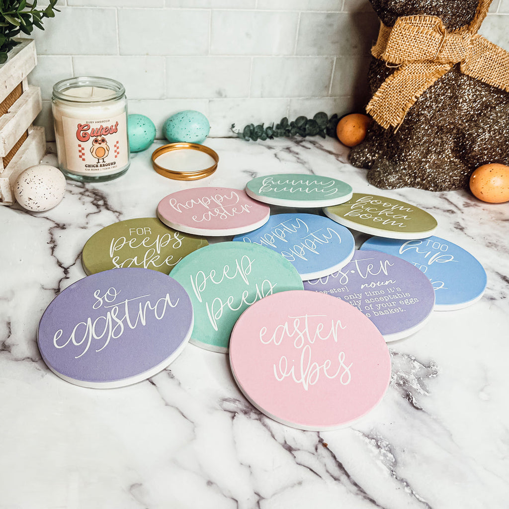 Easter Spring Ceramic Coaster Set 4 Inch Absorbent Drink Coasters Table Protectors Pack BandsCo Straps