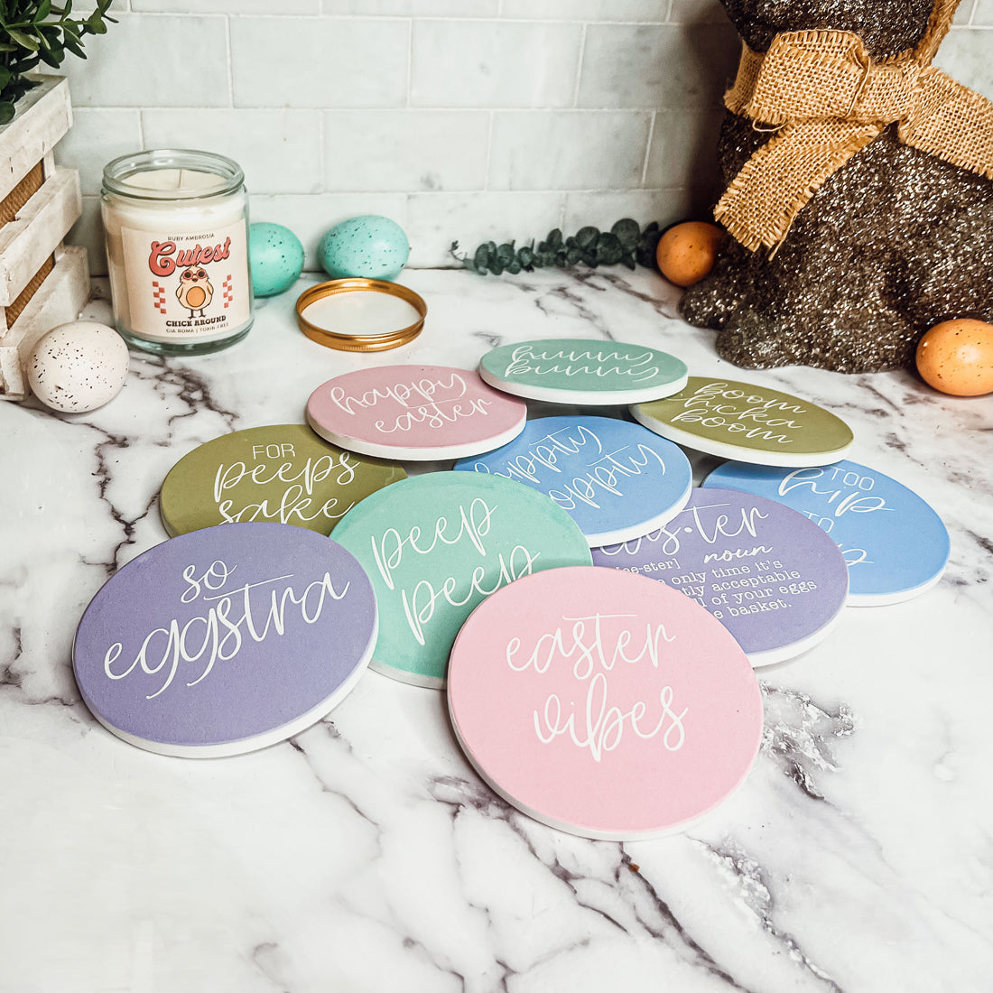 Easter Spring Ceramic Coaster Set 4 Inch Absorbent Drink Coasters Table Protectors Pack BandsCo Straps