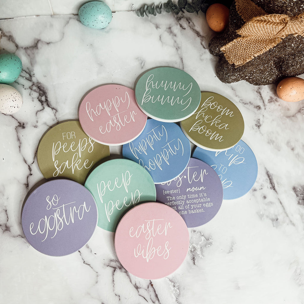 Easter Spring Ceramic Coaster Set 4 Inch Absorbent Drink Coasters Table Protectors Pack BandsCo Straps