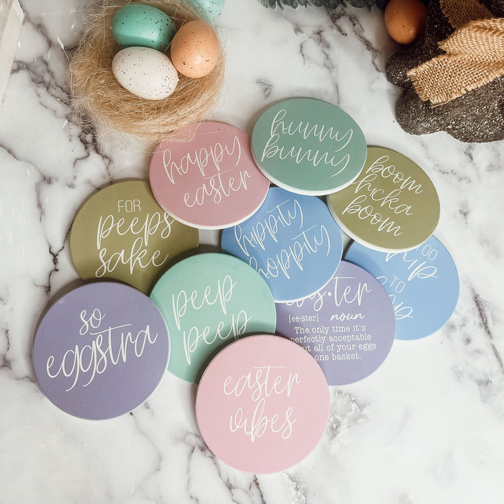 Easter Spring Ceramic Coaster Set 4 Inch Absorbent Drink Coasters Table Protectors Pack BandsCo Straps