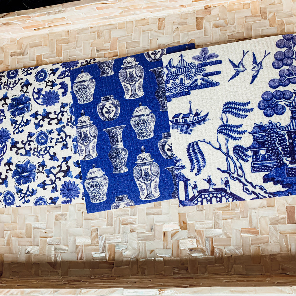 Chinoiserie Eco Kitchen Cloths - Biodegradable Cellulose Cotton, 3 Designs BandsCo Straps