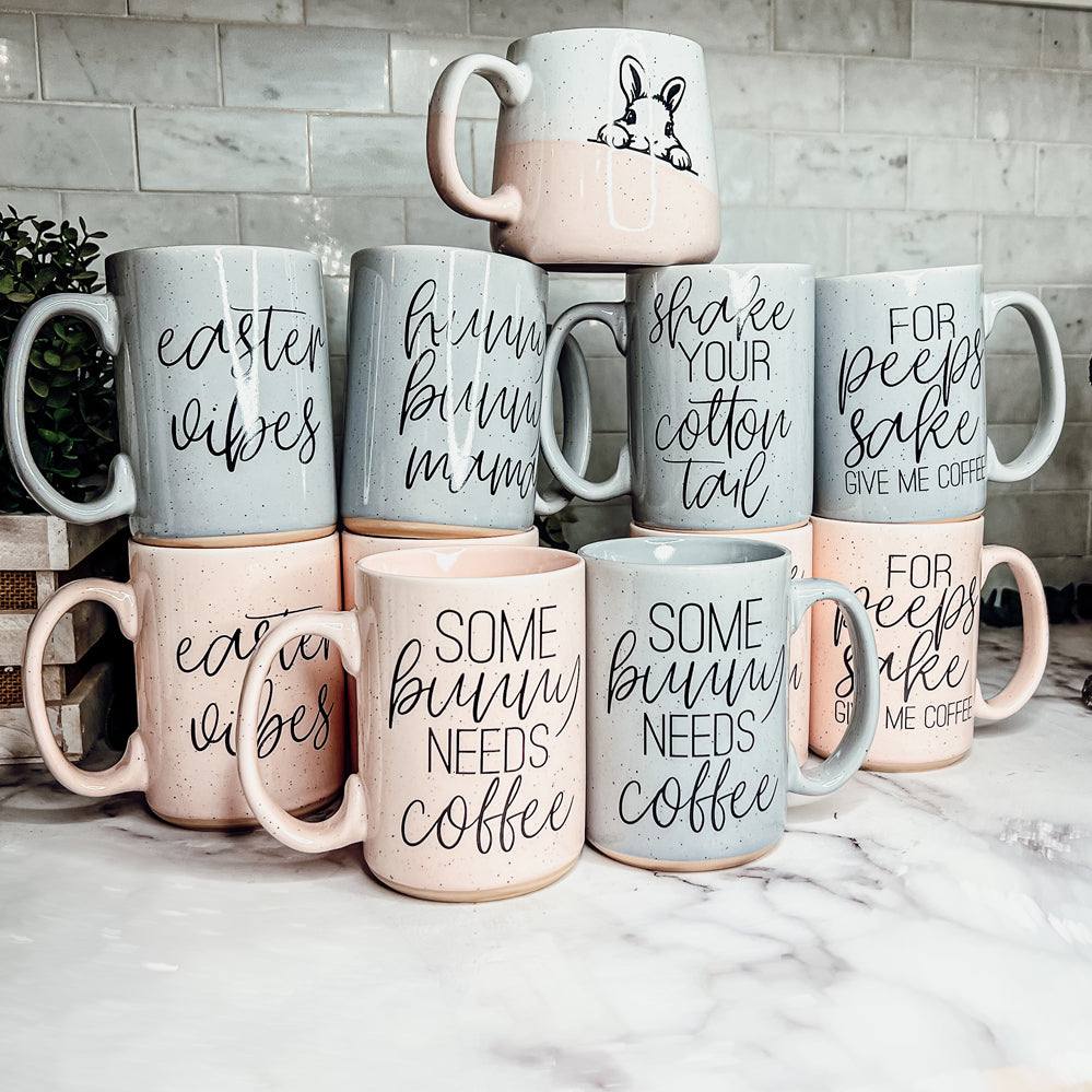 Shake Your Cotton Tail 16oz Ceramic Easter Coffee Mug Pastel Pink Blue BandsCo Straps