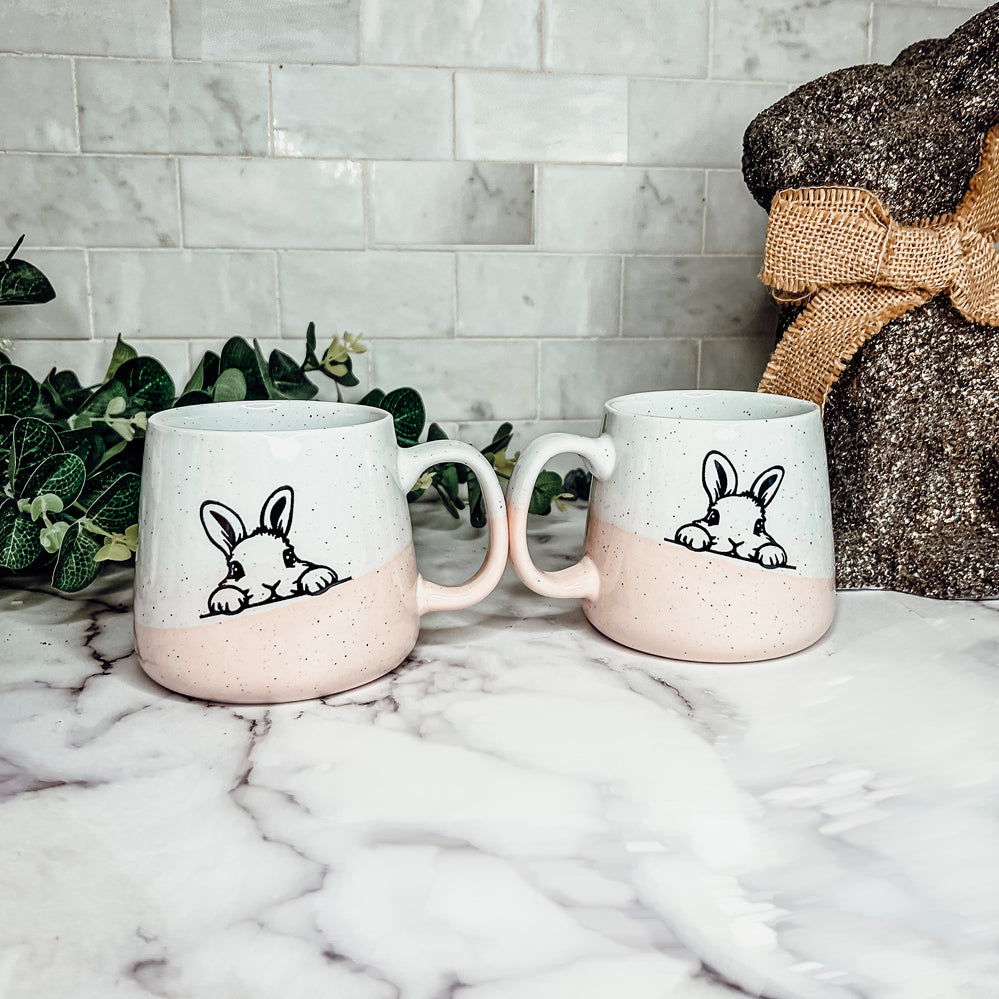 Farmhouse Ceramic Bunny Mug Hand-Painted Ivory With Pastel Pink Base, 12 Oz BandsCo Straps