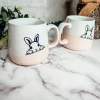 Farmhouse Ceramic Bunny Mug Hand-Painted Ivory With Pastel Pink Base, 12 Oz BandsCo Straps