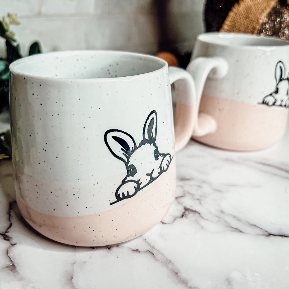 Farmhouse Ceramic Bunny Mug Hand-Painted Ivory With Pastel Pink Base, 12 Oz BandsCo Straps
