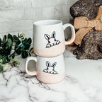 Farmhouse Ceramic Bunny Mug Hand-Painted Ivory With Pastel Pink Base, 12 Oz BandsCo Straps