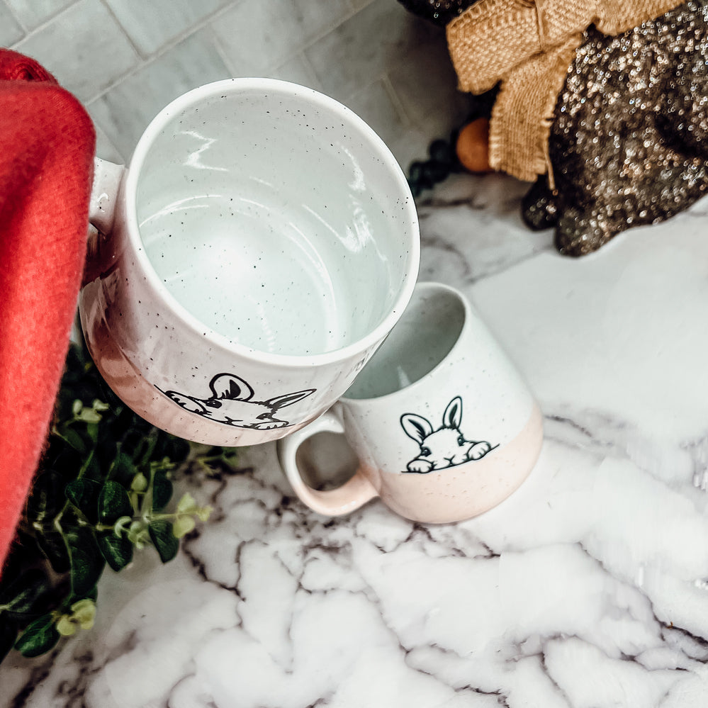 Farmhouse Ceramic Bunny Mug Hand-Painted Ivory With Pastel Pink Base, 12 Oz BandsCo Straps