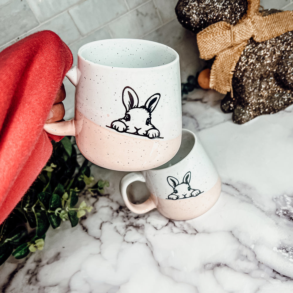 Farmhouse Ceramic Bunny Mug Hand-Painted Ivory With Pastel Pink Base, 12 Oz BandsCo Straps