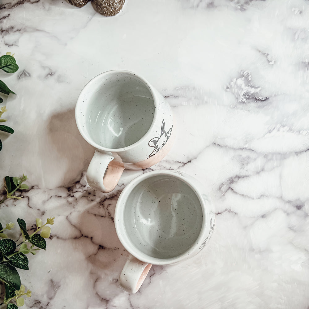Farmhouse Ceramic Bunny Mug Hand-Painted Ivory With Pastel Pink Base, 12 Oz BandsCo Straps