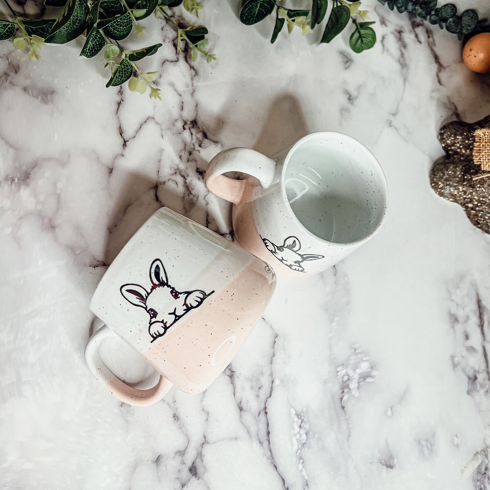 Farmhouse Ceramic Bunny Mug Hand-Painted Ivory With Pastel Pink Base, 12 Oz BandsCo Straps