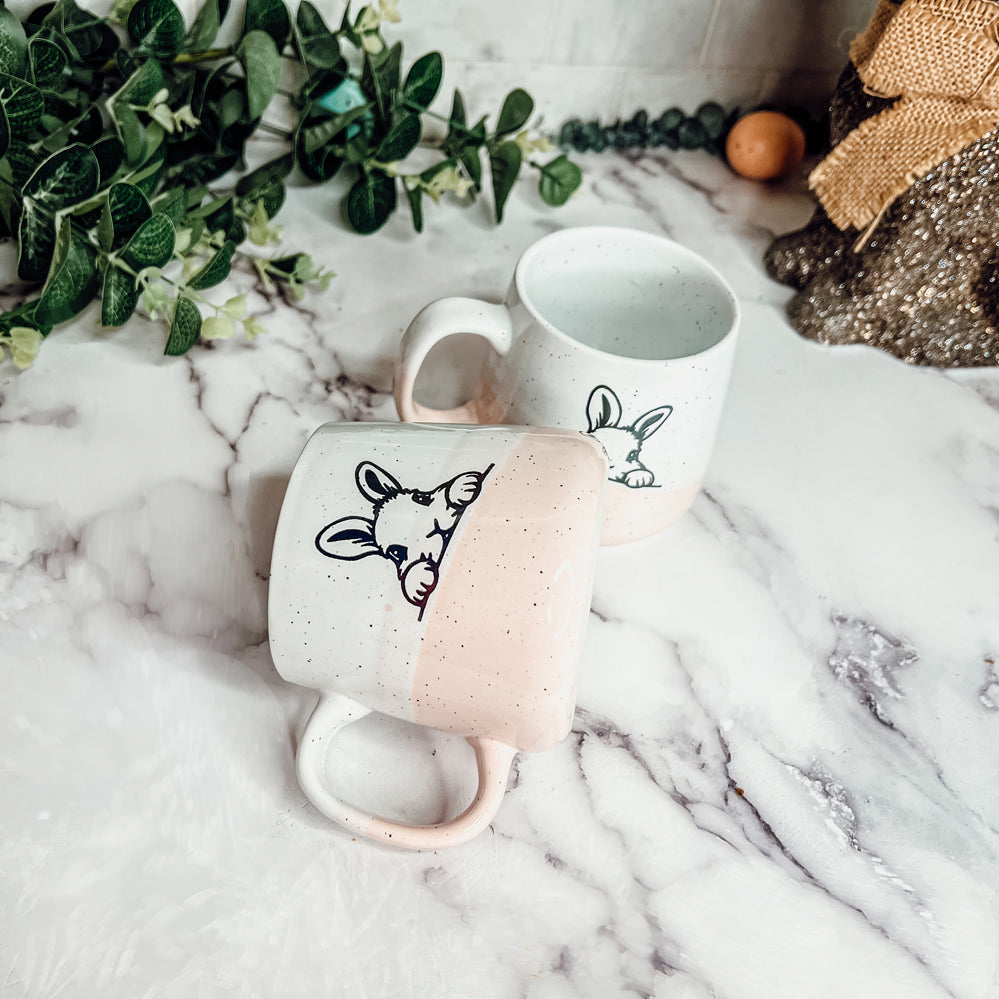Farmhouse Ceramic Bunny Mug Hand-Painted Ivory With Pastel Pink Base, 12 Oz BandsCo Straps