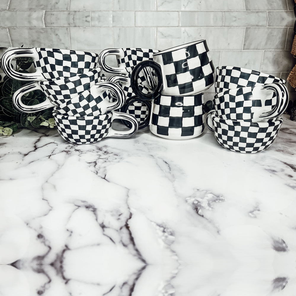 Small Black White Checkered Mug Retro Hand Painted Glossy Ceramic Dishwasher Microwave Safe BandsCo Straps