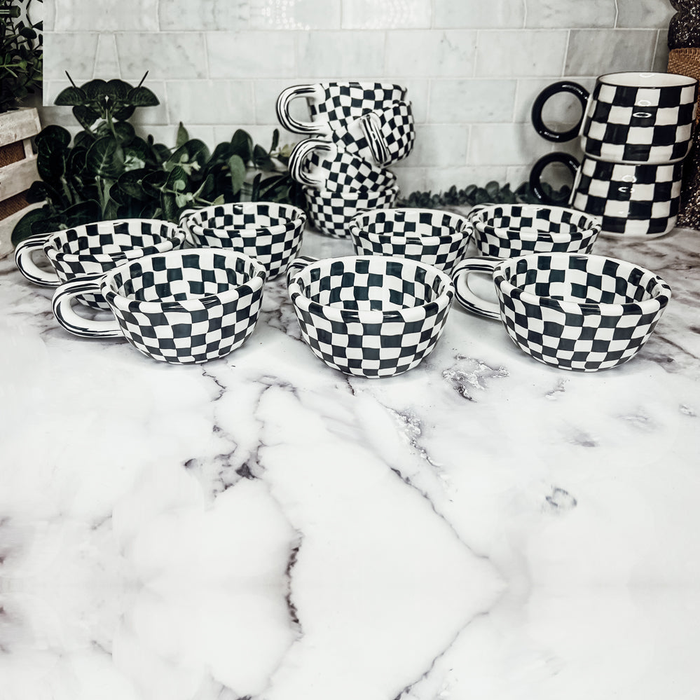 Small Black White Checkered Mug Retro Hand Painted Glossy Ceramic Dishwasher Microwave Safe BandsCo Straps