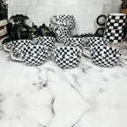Small Black White Checkered Mug Retro Hand Painted Glossy Ceramic Dishwasher Microwave Safe BandsCo Straps