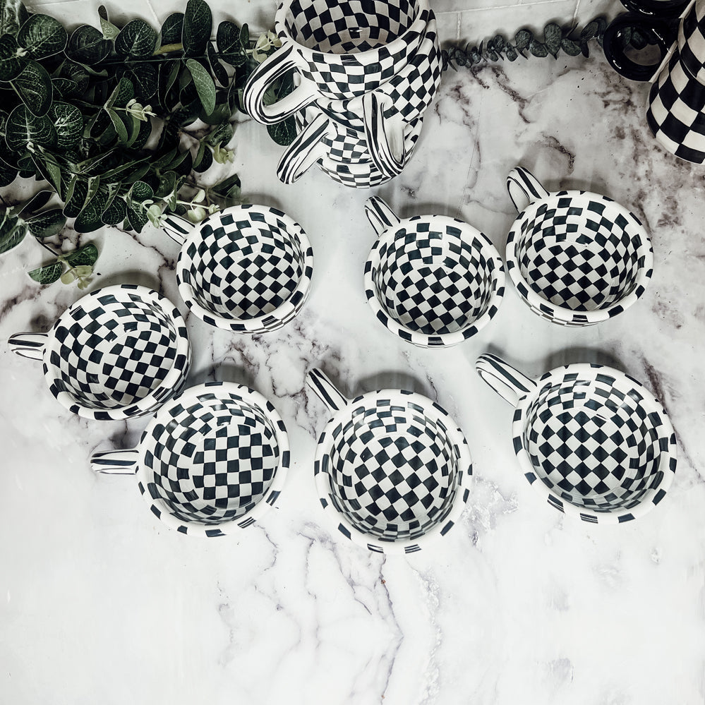 Small Black White Checkered Mug Retro Hand Painted Glossy Ceramic Dishwasher Microwave Safe BandsCo Straps