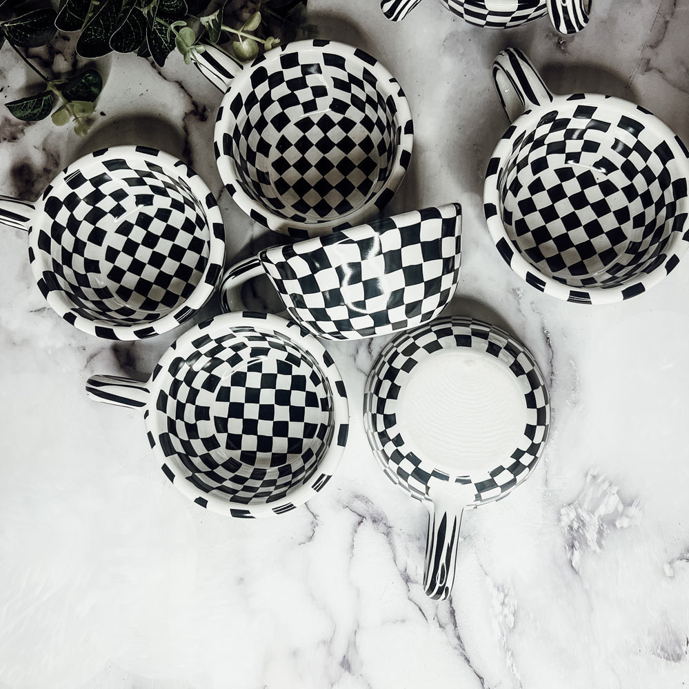 Small Black White Checkered Mug Retro Hand Painted Glossy Ceramic Dishwasher Microwave Safe BandsCo Straps