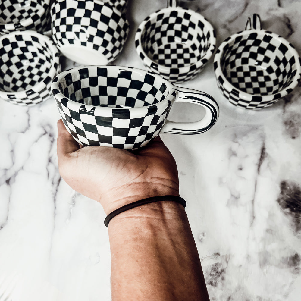 Small Black White Checkered Mug Retro Hand Painted Glossy Ceramic Dishwasher Microwave Safe BandsCo Straps