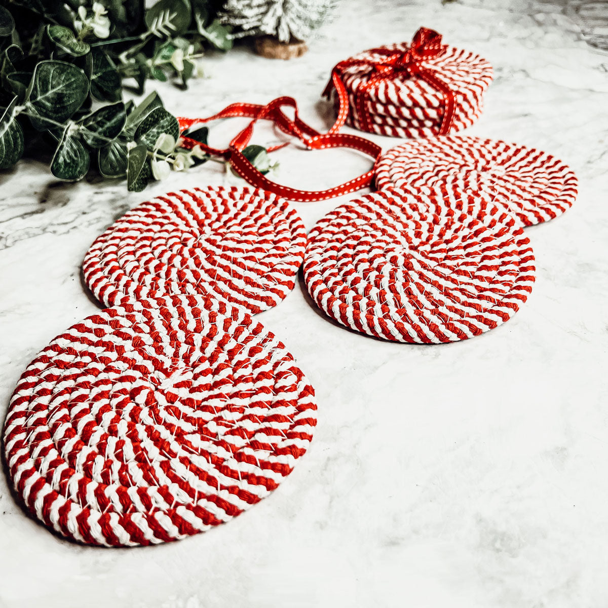Black Braided Coaster Set 4-Pack Candy Cane Stripe Coasters Table Protectors BandsCo Straps