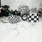 Small Black White Checkered Mug Retro Hand Painted Glossy Ceramic Dishwasher Microwave Safe BandsCo Straps