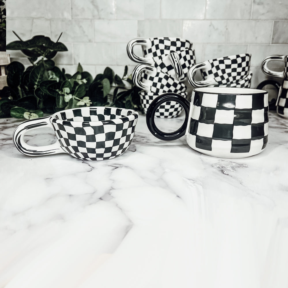 Small Black White Checkered Mug Retro Hand Painted Glossy Ceramic Dishwasher Microwave Safe BandsCo Straps