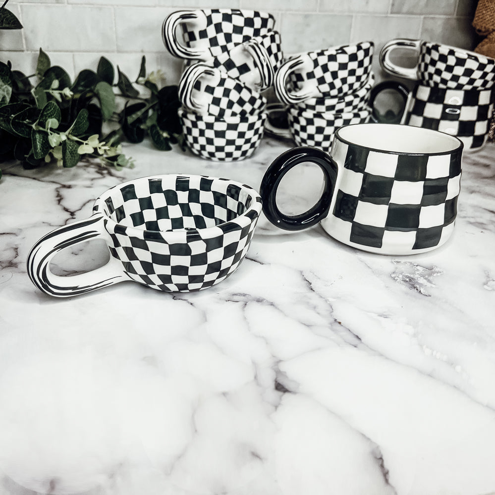 Small Black White Checkered Mug Retro Hand Painted Glossy Ceramic Dishwasher Microwave Safe BandsCo Straps