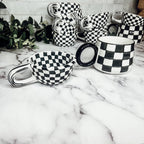 Small Black White Checkered Mug Retro Hand Painted Glossy Ceramic Dishwasher Microwave Safe BandsCo Straps