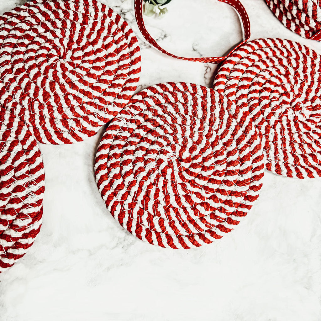 Blue Braided Holiday Coaster Set 4 Pack Candy Cane Stripe Table Protectors Absorbent Drink Mats BandsCo Straps