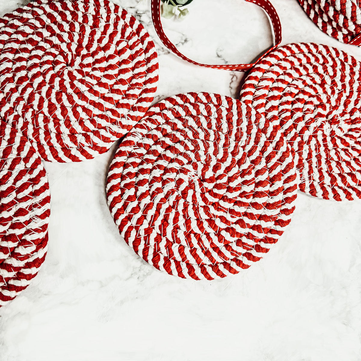 Blue Braided Holiday Coaster Set 4 Pack Candy Cane Stripe Table Protectors Absorbent Drink Mats BandsCo Straps