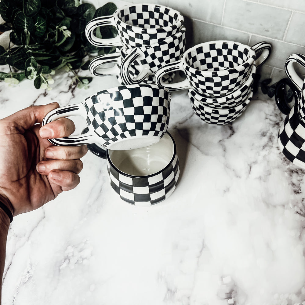 Small Black White Checkered Mug Retro Hand Painted Glossy Ceramic Dishwasher Microwave Safe BandsCo Straps