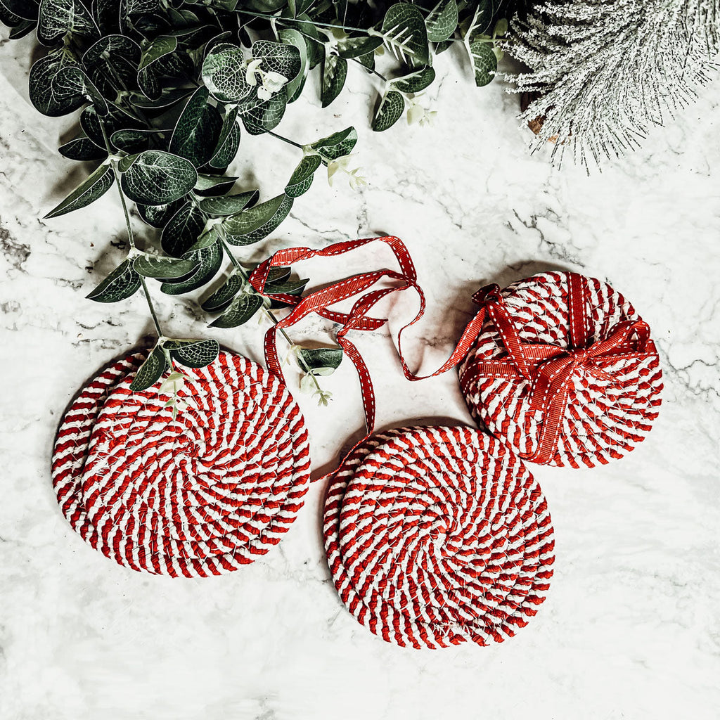 Blue Braided Holiday Coaster Set 4 Pack Candy Cane Stripe Table Protectors Absorbent Drink Mats BandsCo Straps
