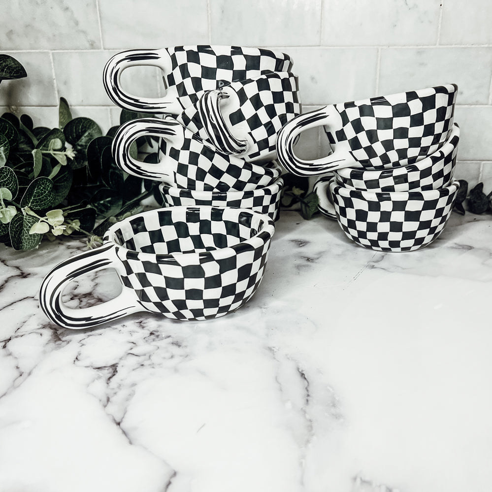 Small Black White Checkered Mug Retro Hand Painted Glossy Ceramic Dishwasher Microwave Safe BandsCo Straps