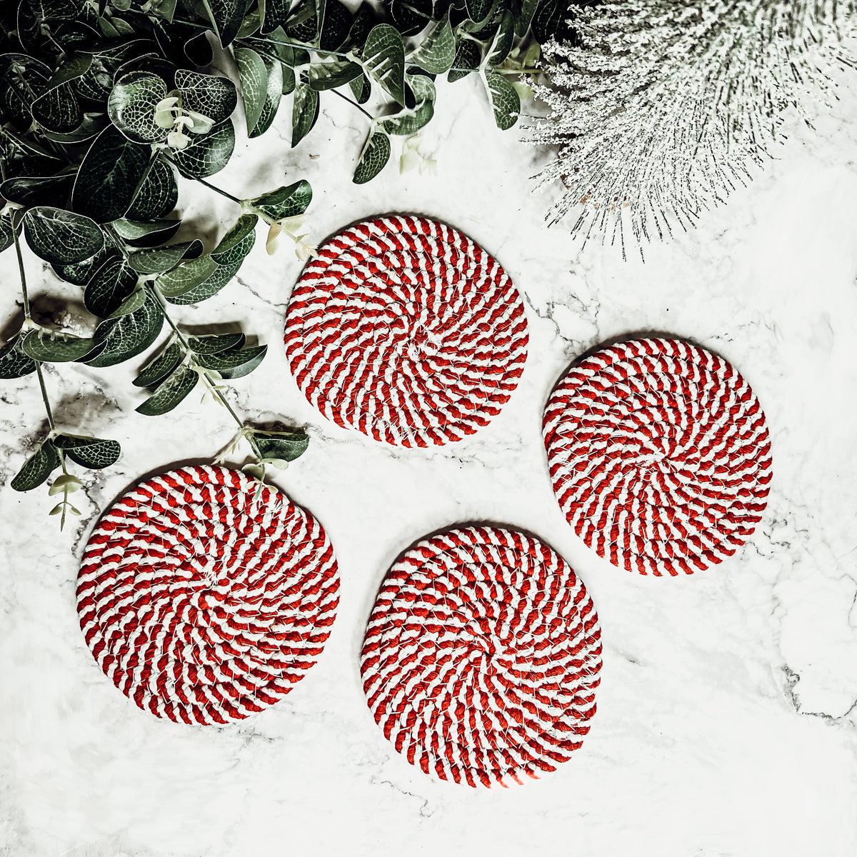 Black Braided Coaster Set 4-Pack Candy Cane Stripe Coasters Table Protectors BandsCo Straps