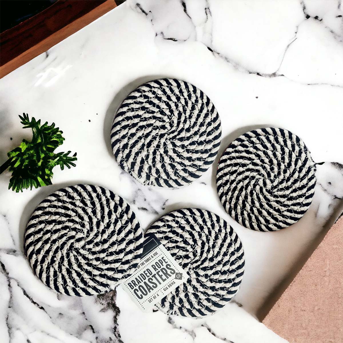 Blue Braided Holiday Coaster Set 4 Pack Candy Cane Stripe Table Protectors Absorbent Drink Mats BandsCo Straps