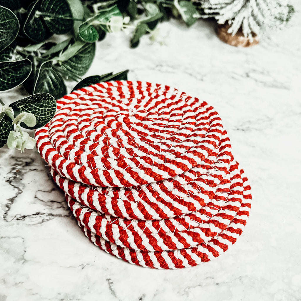 Black Braided Coaster Set 4-Pack Candy Cane Stripe Coasters Table Protectors BandsCo Straps