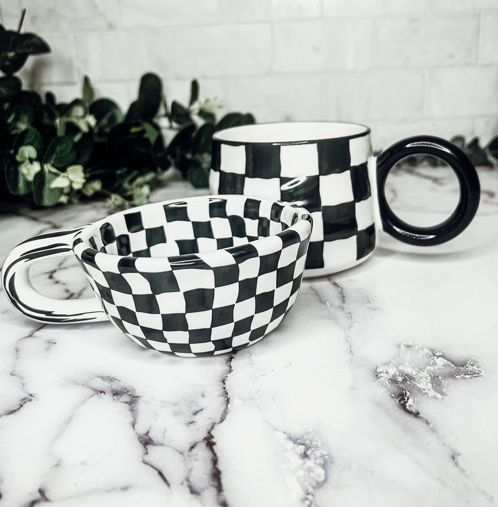 Small Black White Checkered Mug Retro Hand Painted Glossy Ceramic Dishwasher Microwave Safe BandsCo Straps