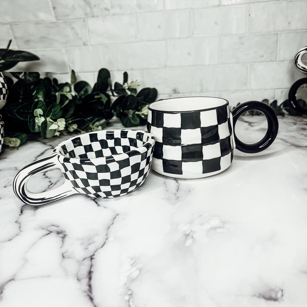 Small Black White Checkered Mug Retro Hand Painted Glossy Ceramic Dishwasher Microwave Safe BandsCo Straps