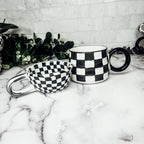 Small Black White Checkered Mug Retro Hand Painted Glossy Ceramic Dishwasher Microwave Safe BandsCo Straps