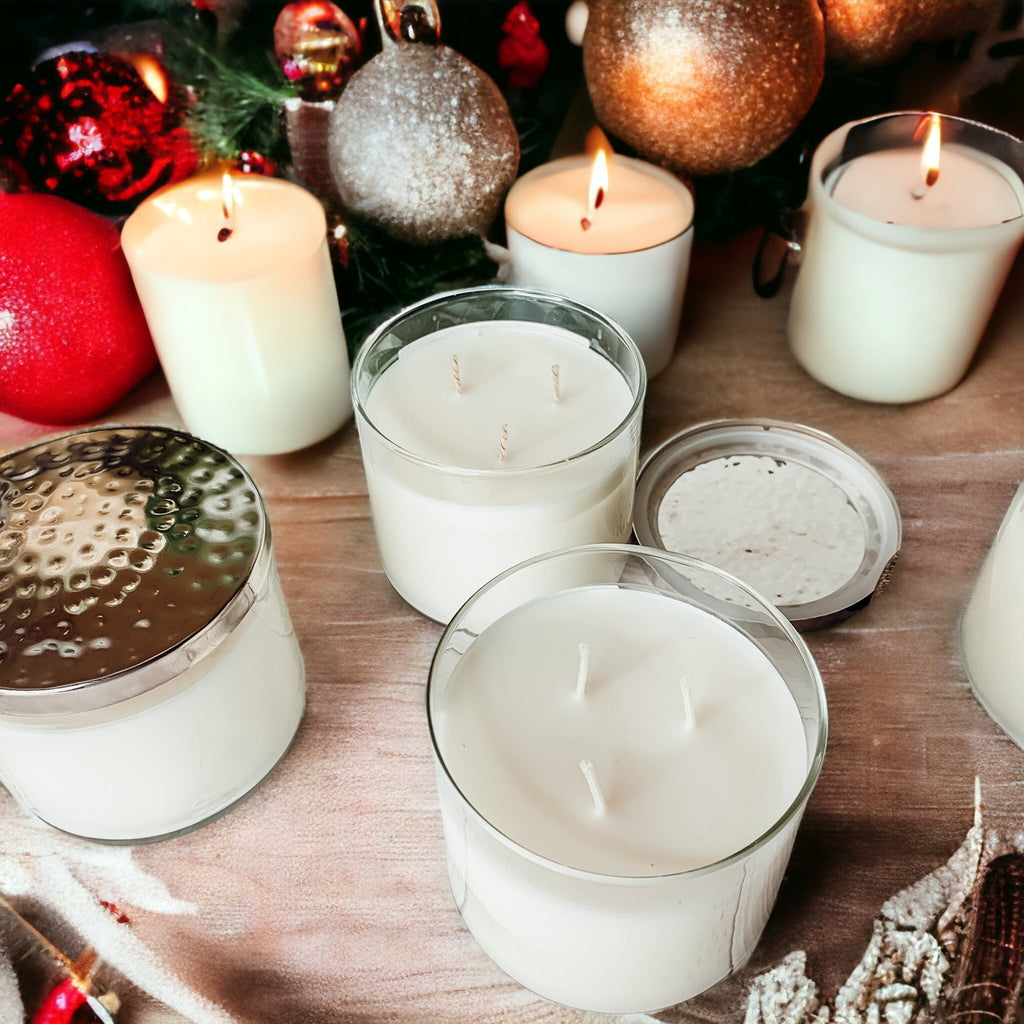 3-Wick Soy Candle 14.5oz Clear Glass Jar Silver Hammered Lid Hand-Poured USA BandsCo Straps