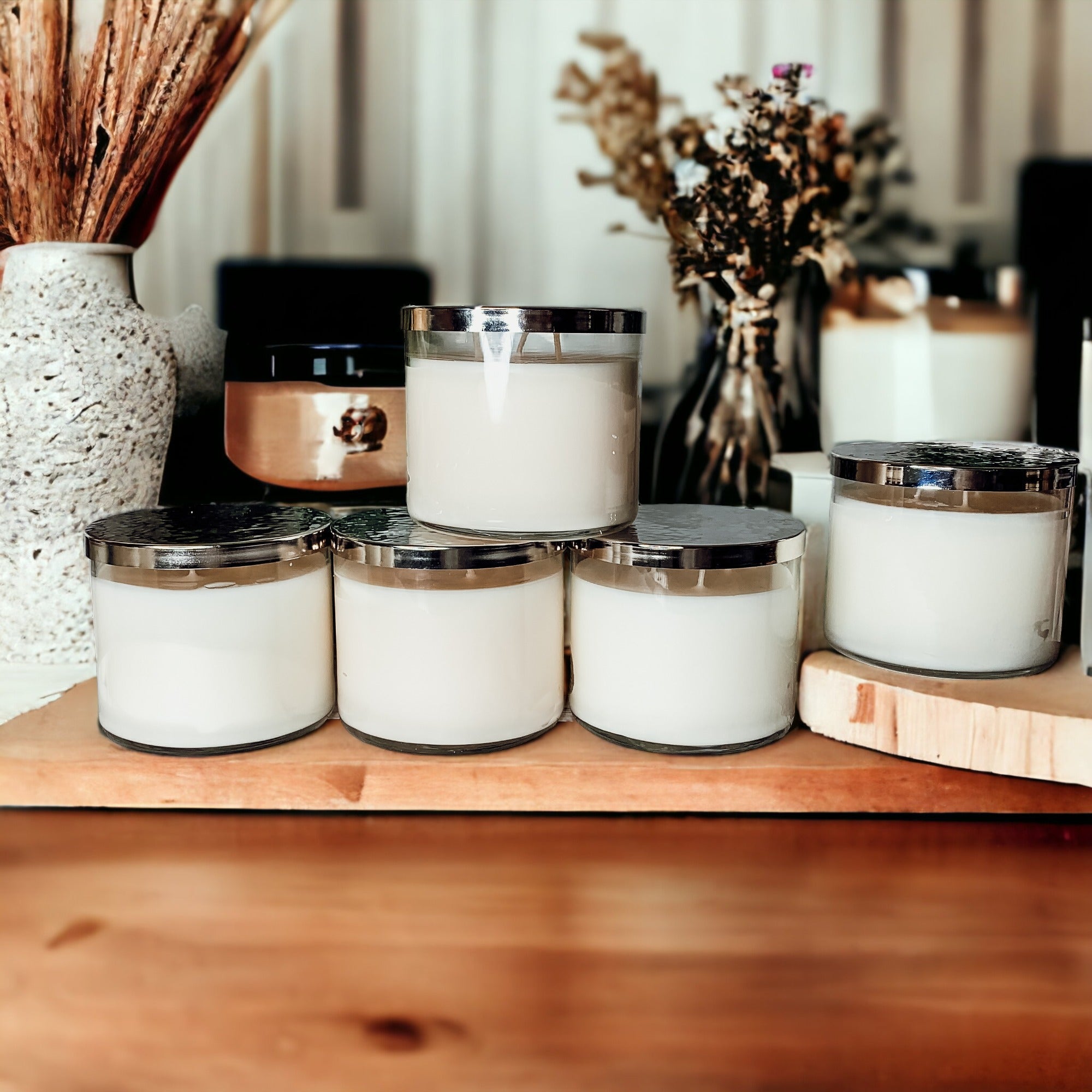 3-Wick Soy Candle 14.5oz Clear Glass Jar Silver Hammered Lid Hand-Poured USA BandsCo Straps