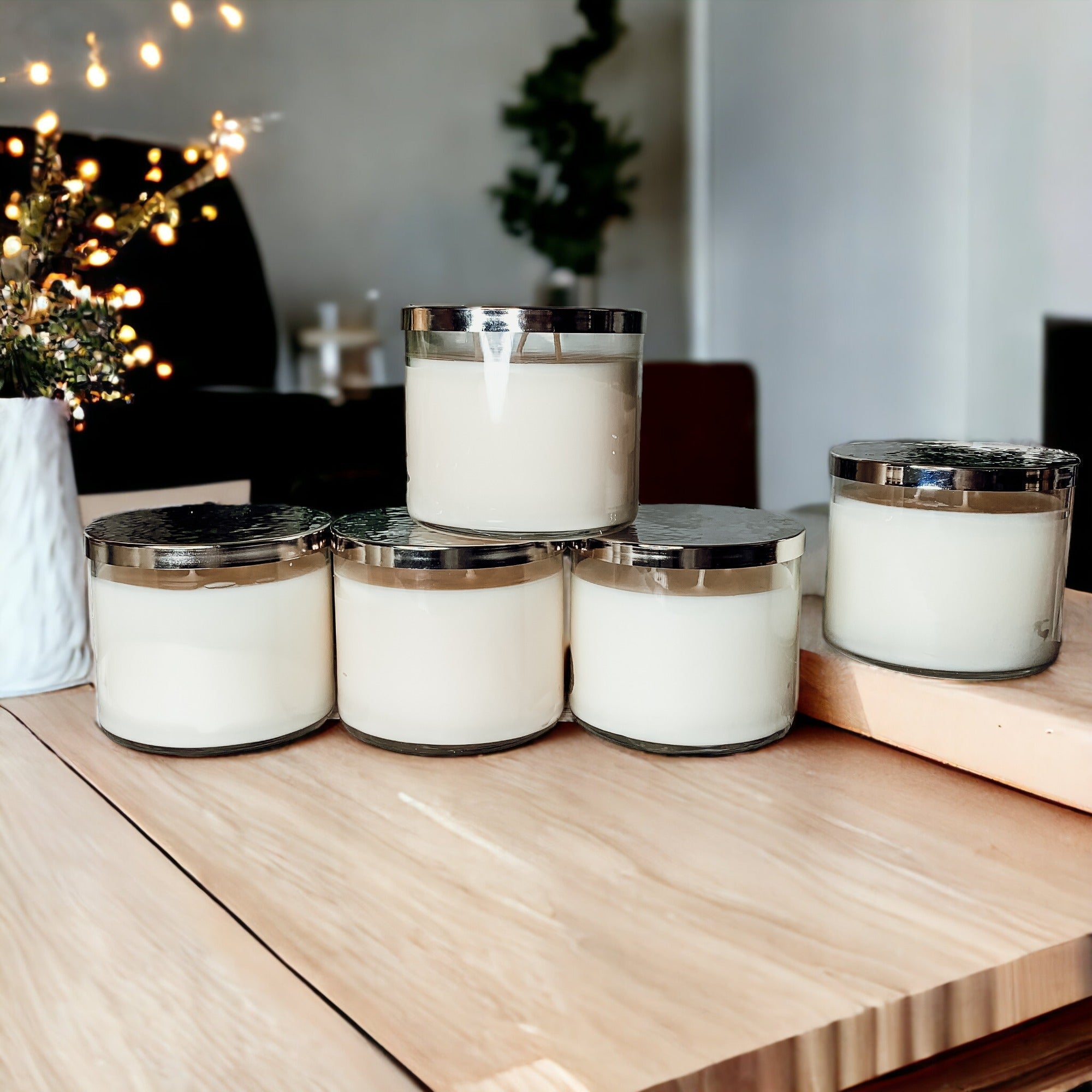 3-Wick Soy Candle 14.5oz Clear Glass Jar Silver Hammered Lid Hand-Poured USA BandsCo Straps