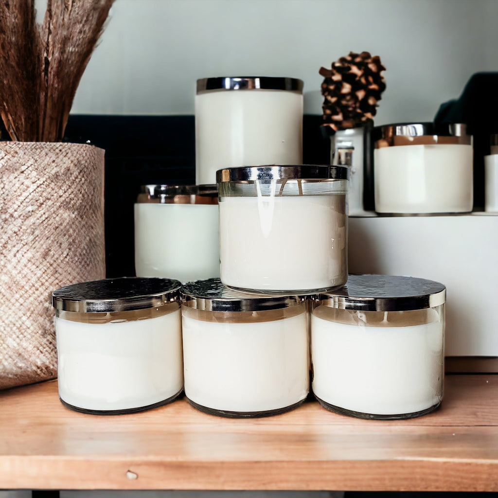 3-Wick Soy Candle 14.5oz Clear Glass Jar Silver Hammered Lid Hand-Poured USA BandsCo Straps