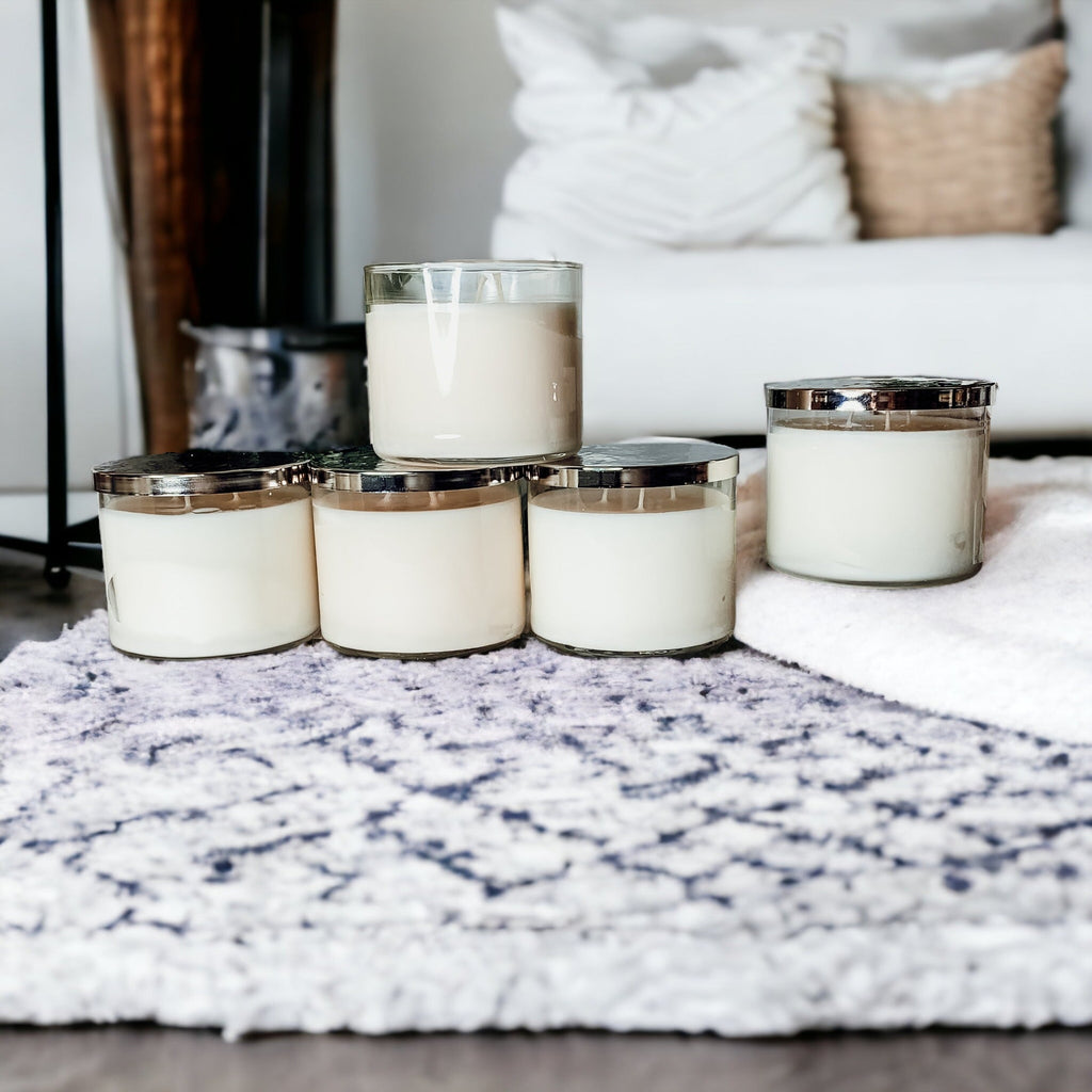 3-Wick Soy Candle 14.5oz Clear Glass Jar Silver Hammered Lid Hand-Poured USA BandsCo Straps