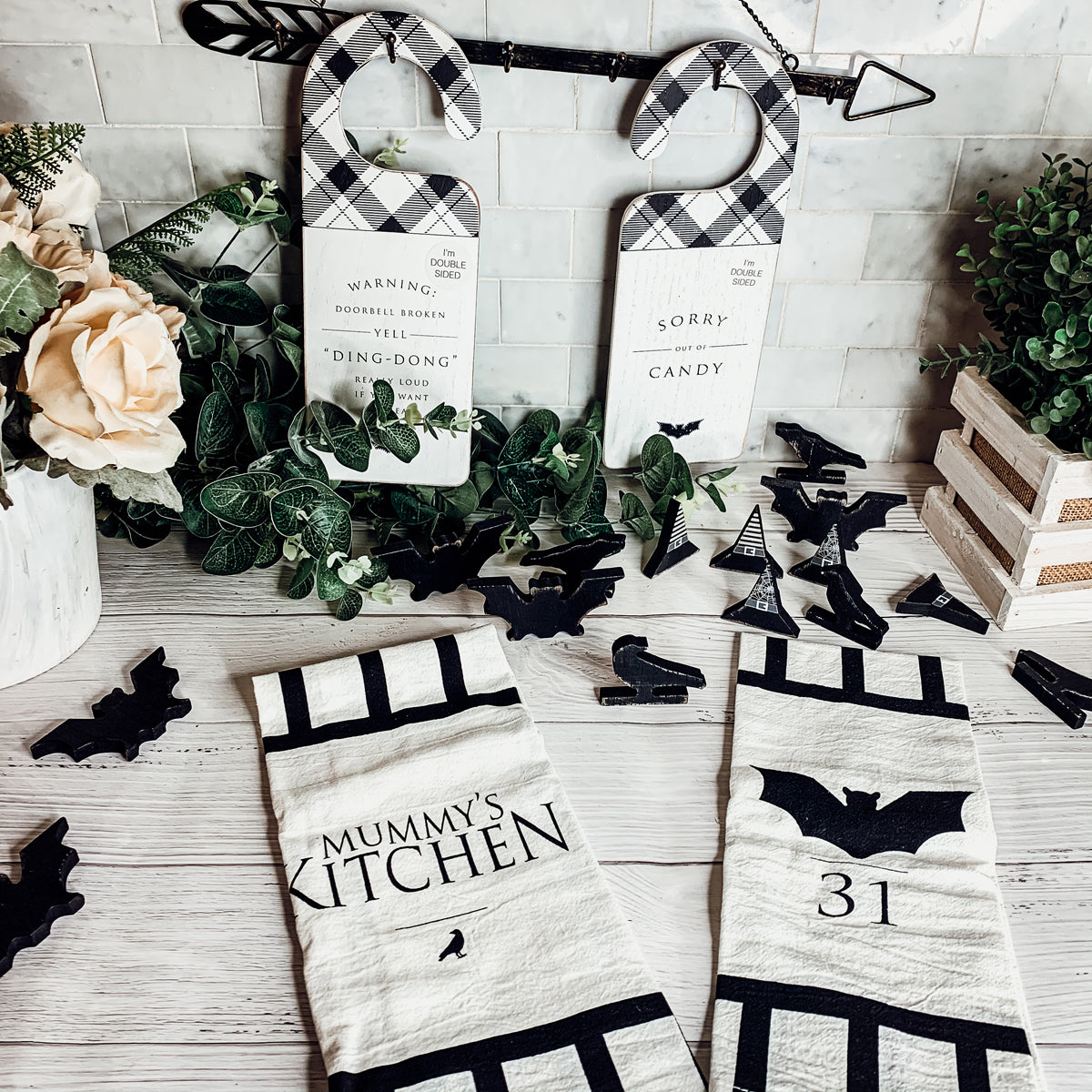Halloween Tea Towel Bat 31 Vs Mummy Black White Cotton Dish Towel Kitchen Hand Towel Decor BandsCo Straps