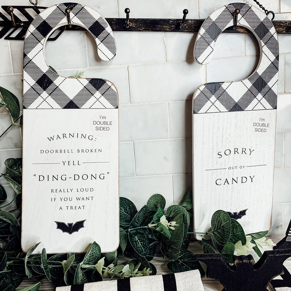 Halloween Double-Sided Door Hanger Spooky Cute Door Knob Sign 5x11.5 Black White BandsCo Straps